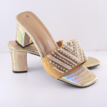 Block Heel Pearl Strap Sandal Golden 36